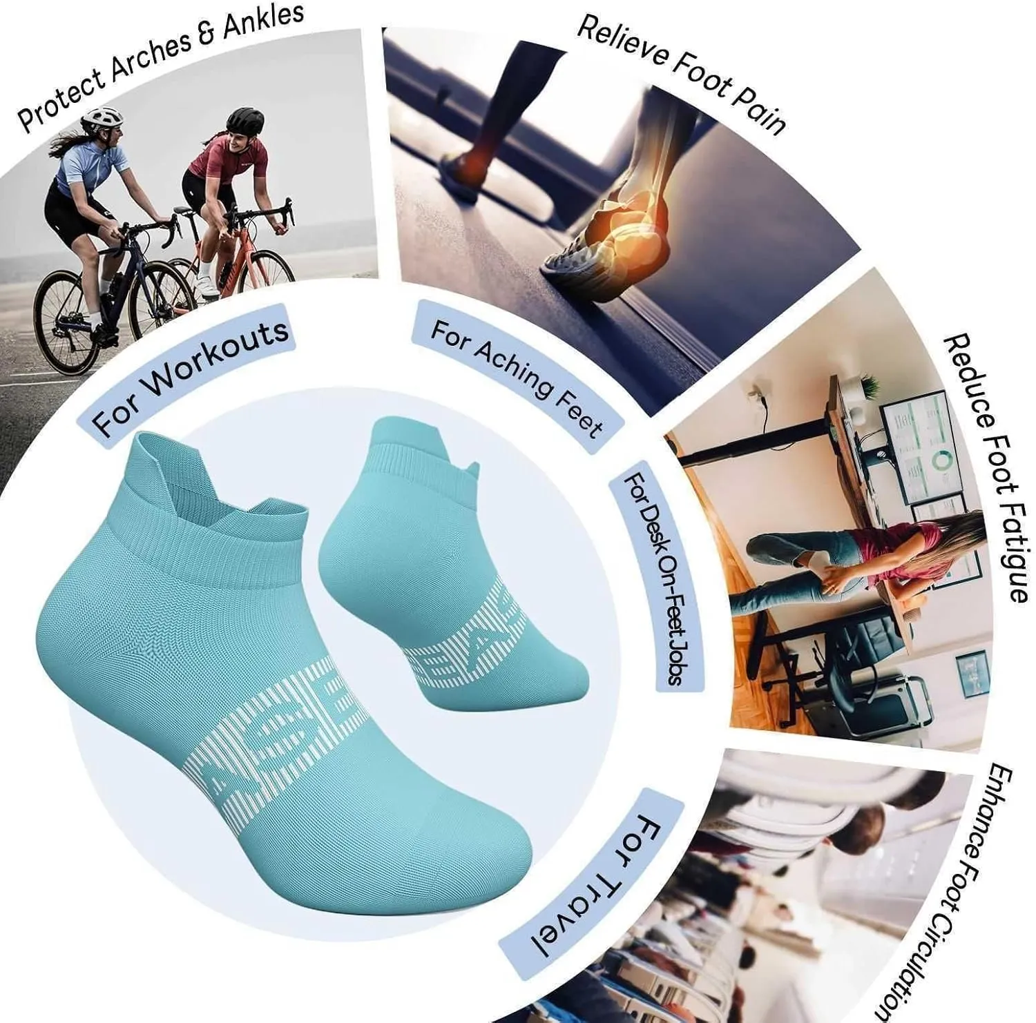 Ankle Compression Socks for Men and Women, 6 Pairs Low Cut Athletic Running Sock with Arch Support and Heel Tab