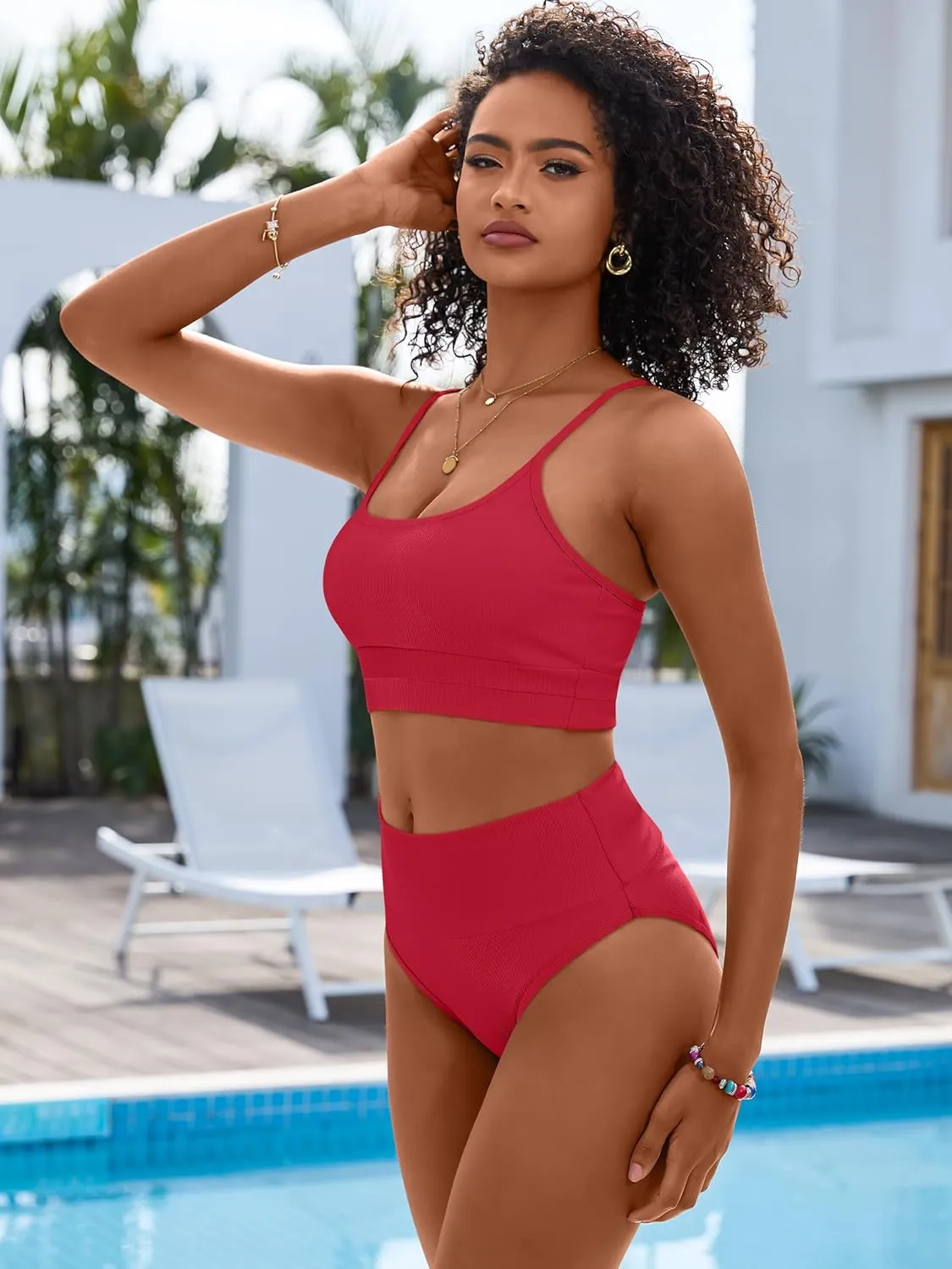 ANRABESS Women High Waisted Bikini Sets Color Block Summer Beach Vacation 2 Piece Bathing Suit Tummy Control Ribbed Swimsuit