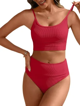 ANRABESS Women High Waisted Bikini Sets Color Block Summer Beach Vacation 2 Piece Bathing Suit Tummy Control Ribbed Swimsuit