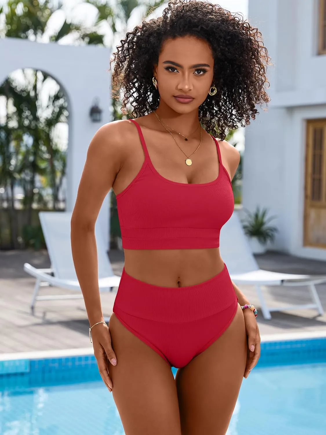 ANRABESS Women High Waisted Bikini Sets Color Block Summer Beach Vacation 2 Piece Bathing Suit Tummy Control Ribbed Swimsuit