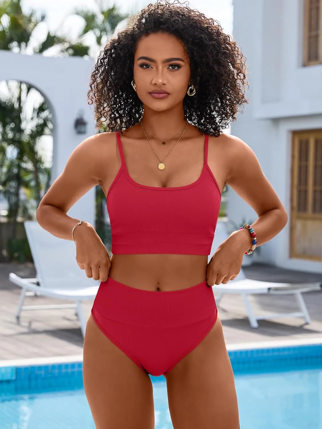 ANRABESS Women High Waisted Bikini Sets Color Block Summer Beach Vacation 2 Piece Bathing Suit Tummy Control Ribbed Swimsuit