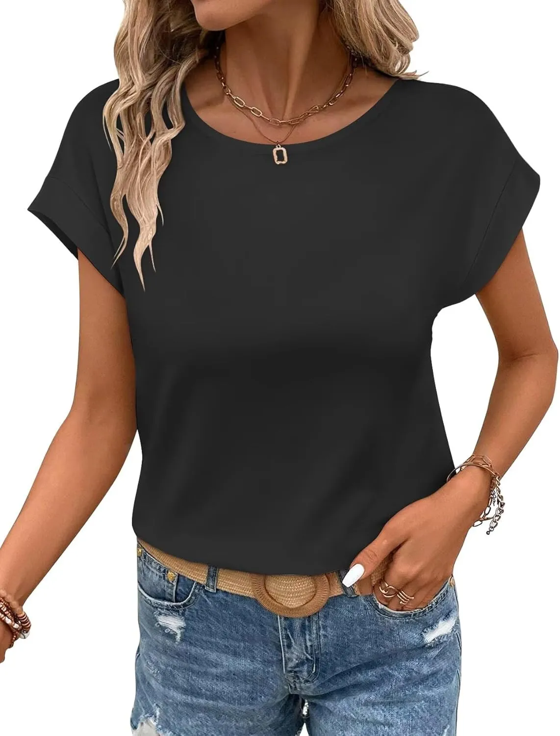 Bliwov Womens T Shirts Spring Summer Tops Cap Sleeve Crew Neck Casual Business Dressy Blouses Beach Clothes Fashion Outfits