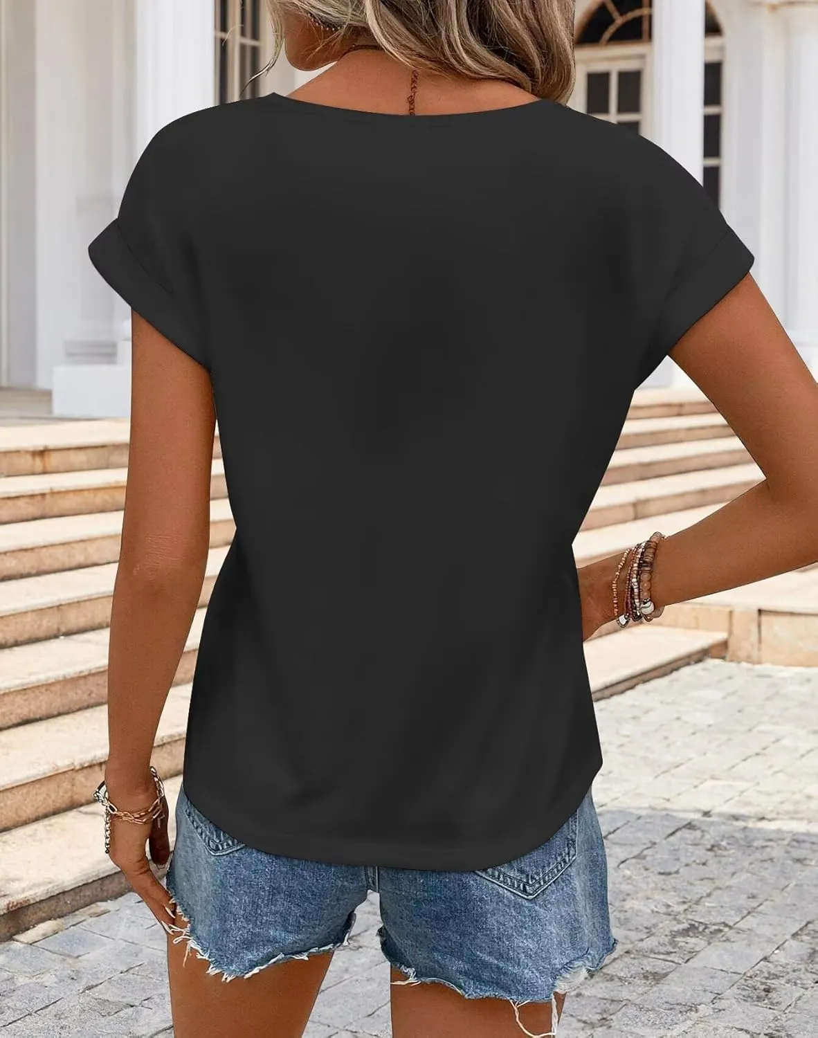 Bliwov Womens T Shirts Spring Summer Tops Cap Sleeve Crew Neck Casual Business Dressy Blouses Beach Clothes Fashion Outfits