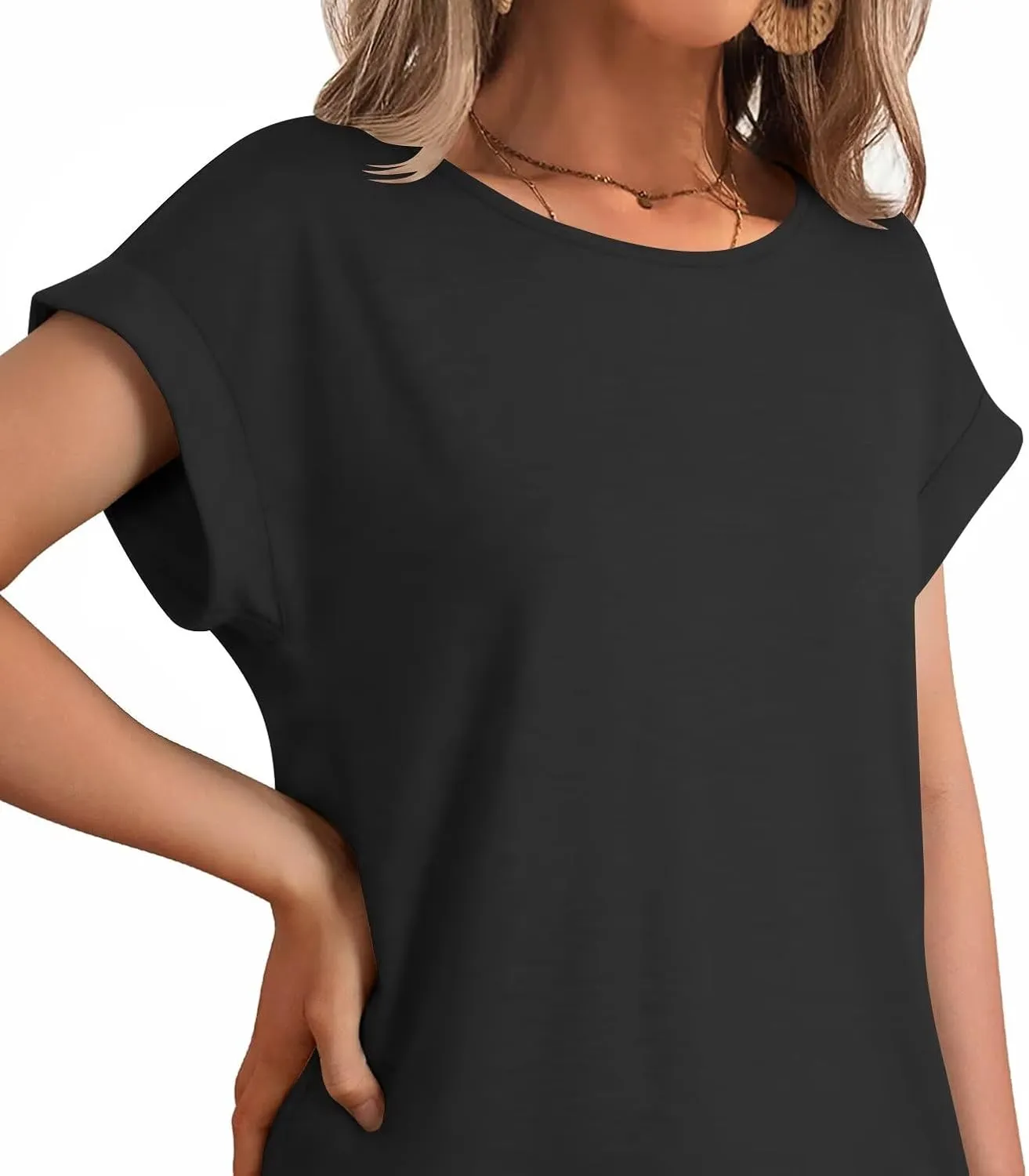 Bliwov Womens T Shirts Spring Summer Tops Cap Sleeve Crew Neck Casual Business Dressy Blouses Beach Clothes Fashion Outfits