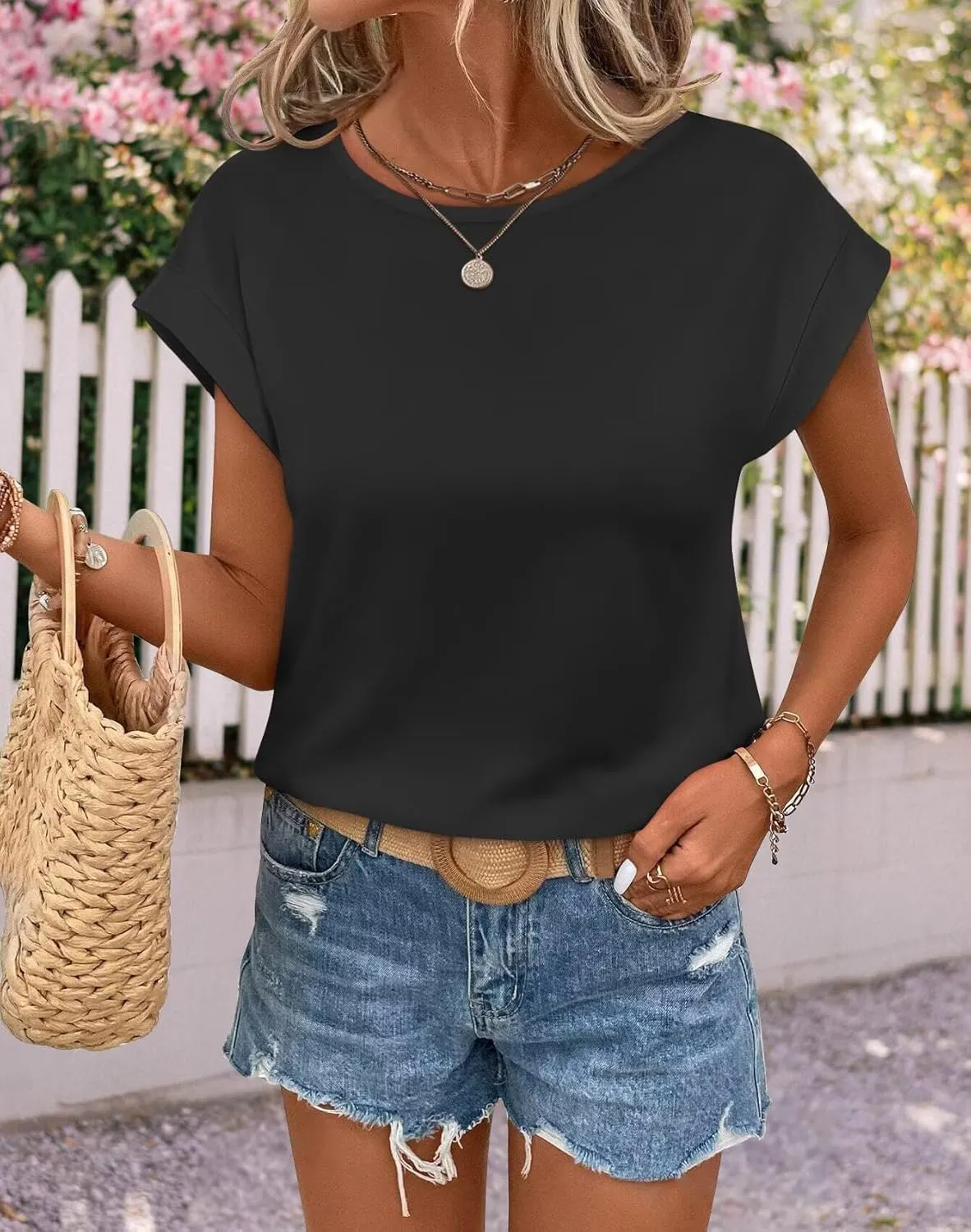 Bliwov Womens T Shirts Spring Summer Tops Cap Sleeve Crew Neck Casual Business Dressy Blouses Beach Clothes Fashion Outfits