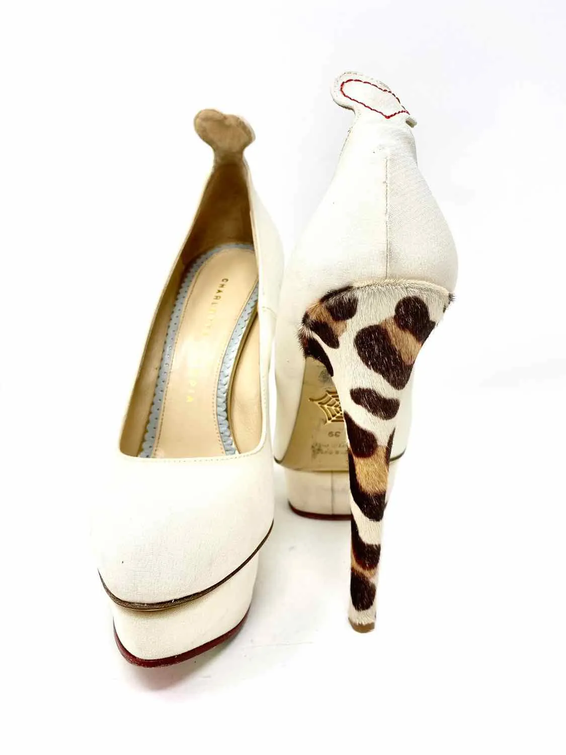 Charlotte Olympia Women's Cream Print Platform Fur Animal Print Size 39/9 Pumps