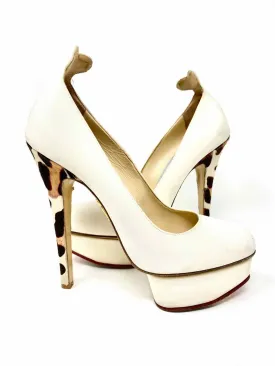 Charlotte Olympia Women's Cream Print Platform Fur Animal Print Size 39/9 Pumps