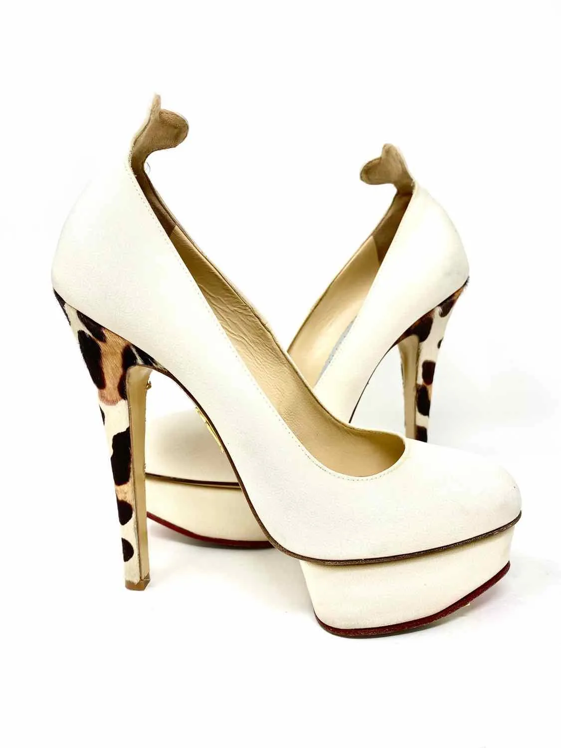 Charlotte Olympia Women's Cream Print Platform Fur Animal Print Size 39/9 Pumps