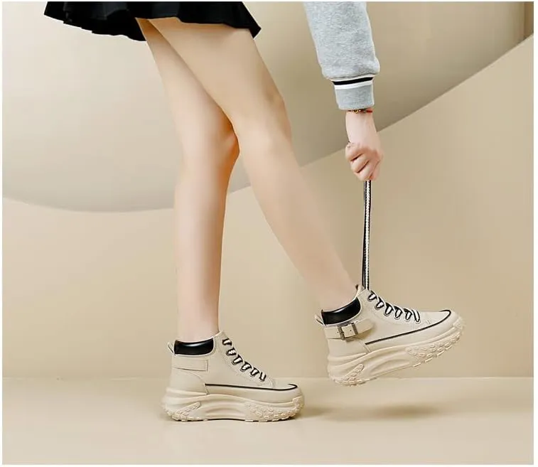 Comfortable High Top Platform Sneakers for Women - Trendy Lace Up Outdoor Shoes in Faux Leather