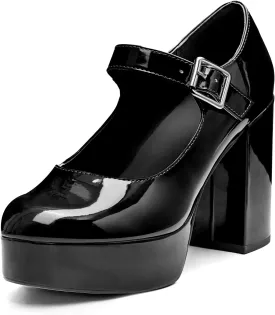 Coutgo Women's T-Strap Round Toe Platform Heels Chunky Heel Patent Mary Jane Dress Shoes