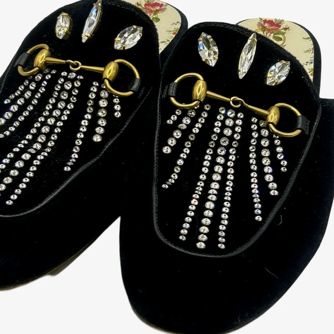 Gucci women's black velvet embellished slip-on horsebit loafers