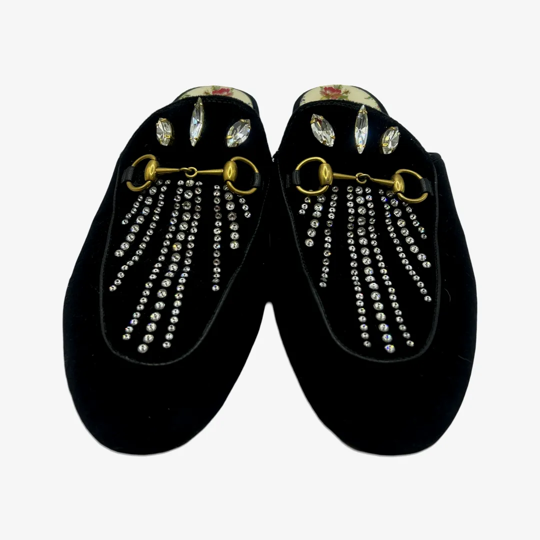 Gucci women's black velvet embellished slip-on horsebit loafers