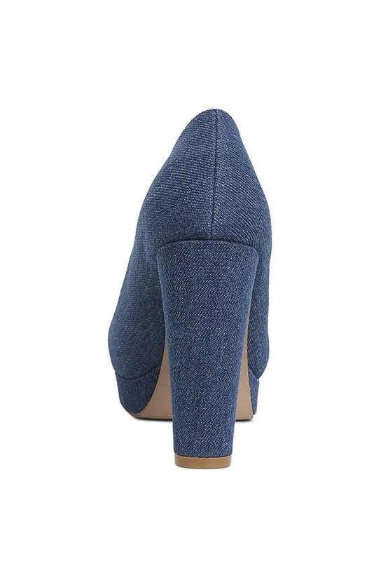 Kostur Denim Blue Block Heel Pumps