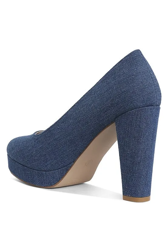 Kostur Denim Blue Block Heel Pumps