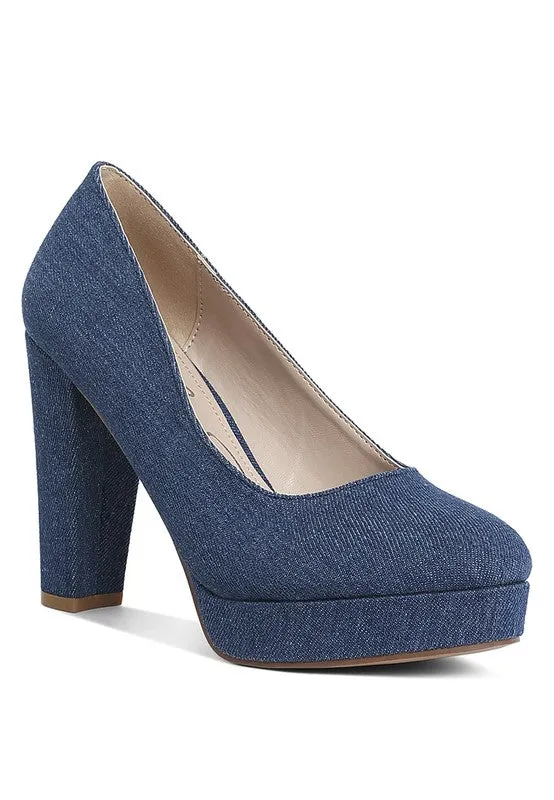 Kostur Denim Blue Block Heel Pumps