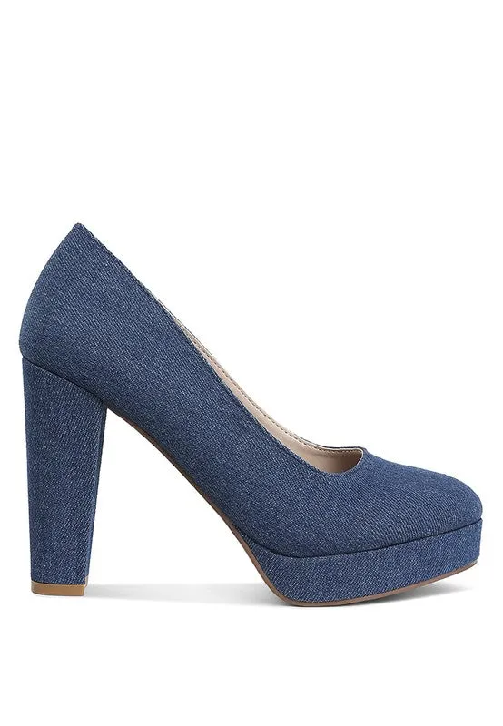 Kostur Denim Blue Block Heel Pumps