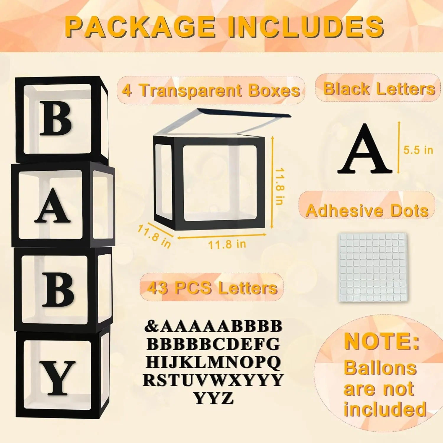 Ledido Baby Boxes with Letters, Clear Balloon Boxes for Baby Shower, Black Transparent Block Babyboy Letter Boxes for Birthday Bridal Wedding Graduation Prom Party Gender Reveal Party Decor, 4 PCS