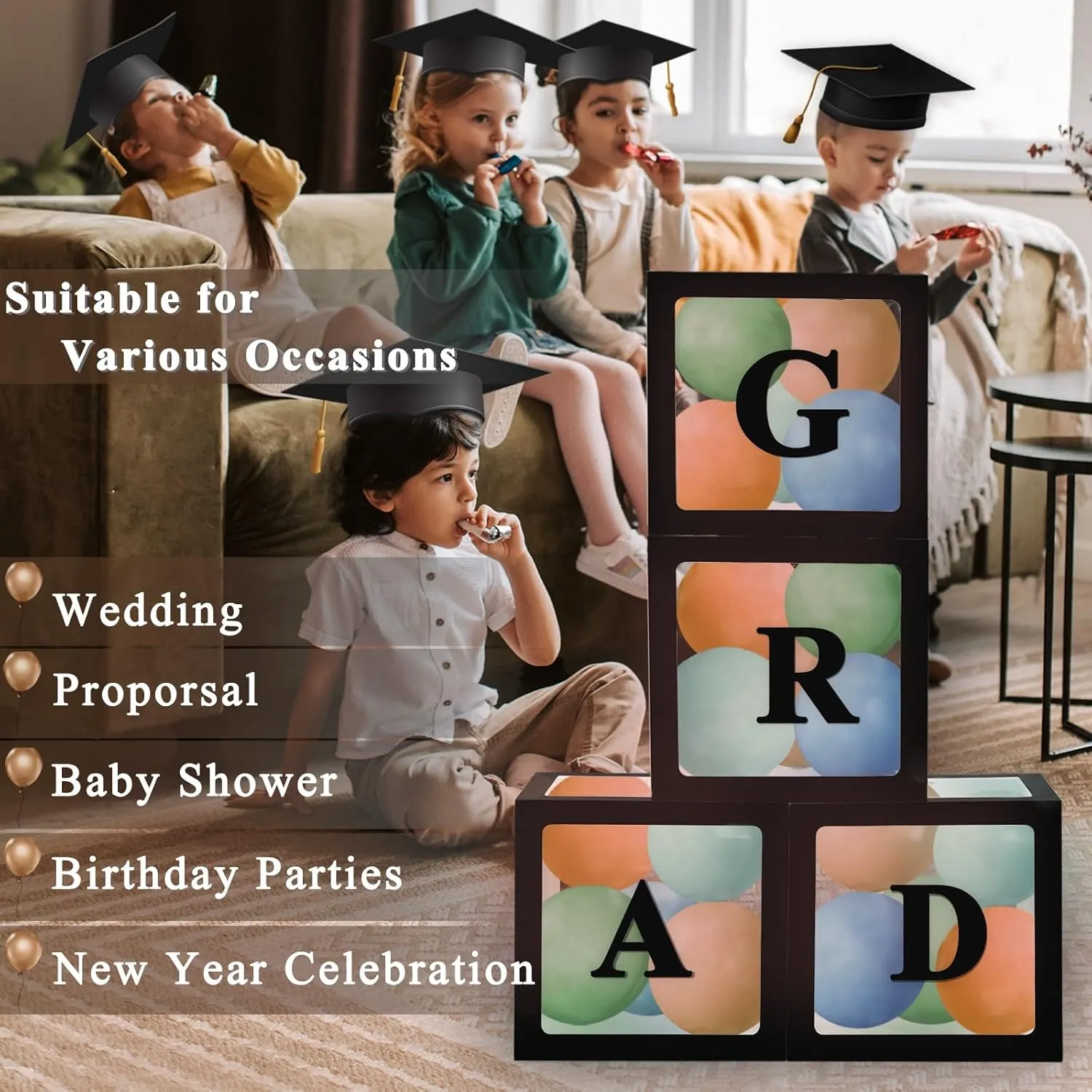 Ledido Baby Boxes with Letters, Clear Balloon Boxes for Baby Shower, Black Transparent Block Babyboy Letter Boxes for Birthday Bridal Wedding Graduation Prom Party Gender Reveal Party Decor, 4 PCS
