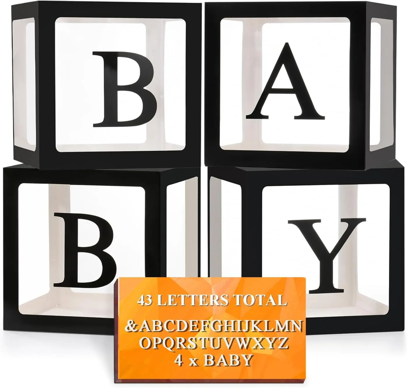 Ledido Baby Boxes with Letters, Clear Balloon Boxes for Baby Shower, Black Transparent Block Babyboy Letter Boxes for Birthday Bridal Wedding Graduation Prom Party Gender Reveal Party Decor, 4 PCS