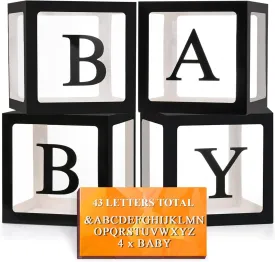 Ledido Baby Boxes with Letters, Clear Balloon Boxes for Baby Shower, Black Transparent Block Babyboy Letter Boxes for Birthday Bridal Wedding Graduation Prom Party Gender Reveal Party Decor, 4 PCS