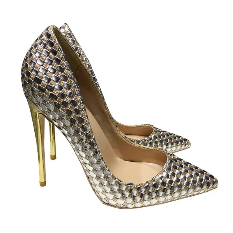 Metallic Gold Unisex Woven High-heeled Pumps