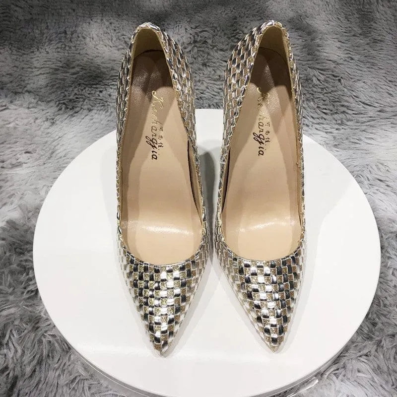 Metallic Gold Unisex Woven High-heeled Pumps