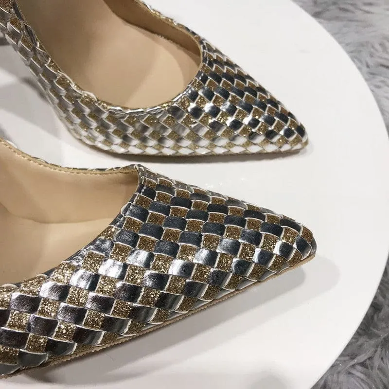 Metallic Gold Unisex Woven High-heeled Pumps