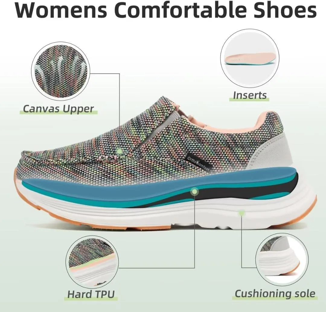 OrthoComfoot Women's Orthopedic Slip-On Loafers Walking Shoes: Comfortable Plantar Fasciitis Loafers with Arch Support for Flat Feet, Casual Orthotic Shoes for Foot and Heel Pain Relief
