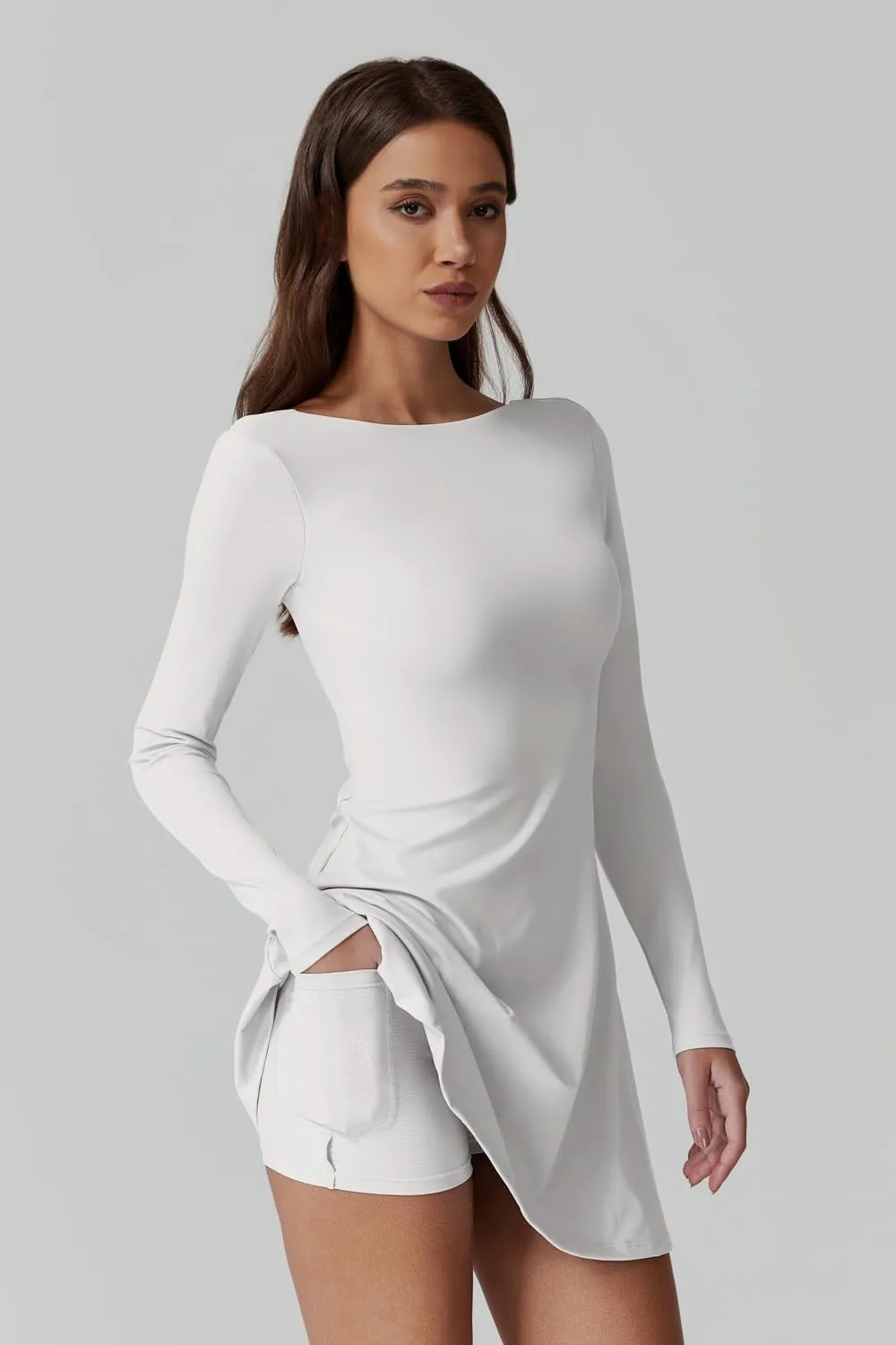 QINSEN Women's Open Back Tennis Dress Long Sleeve Built in Shorts Golf Athletic Dress with Pockets