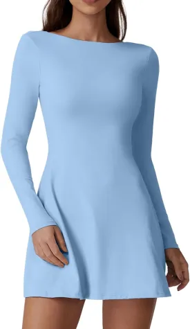 QINSEN Women's Open Back Tennis Dress Long Sleeve Built in Shorts Golf Athletic Dress with Pockets
