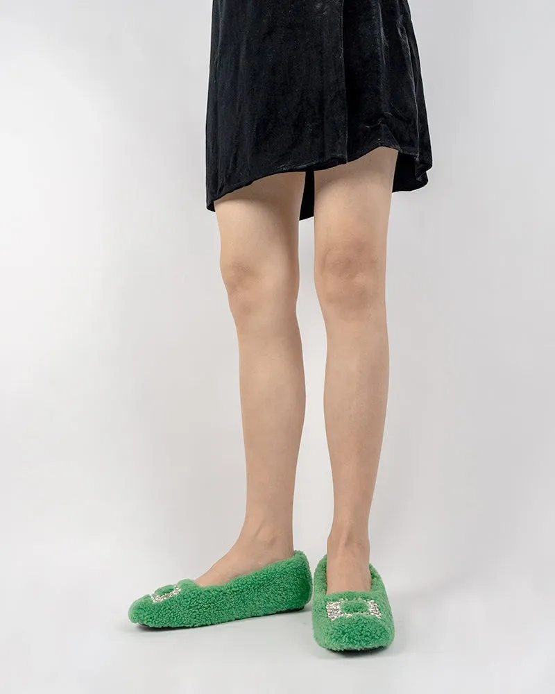 Rhinestone Square Buckle Fuzzy Slip On Slippers Loafers