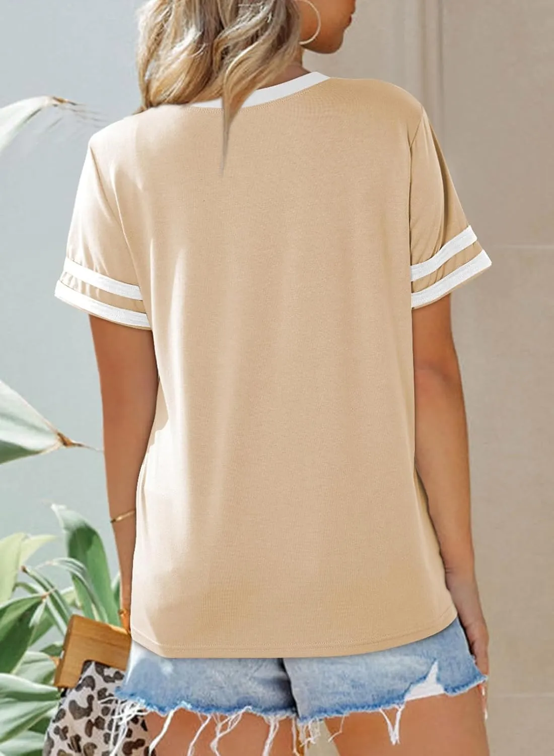 SHEWIN Women's Fashion Casual Crewneck Color Block T Shirts Short Sleeve Summer Tops Tees Slim Fit