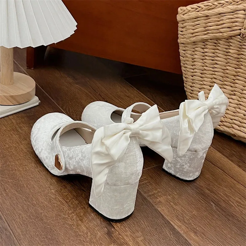 Sohiwoo Trendy Elegant Bowknot Girls Mary Jane Shoes Buckle Single Shoes College Style Footwear High Heel Pumps Thick Heel Shoes