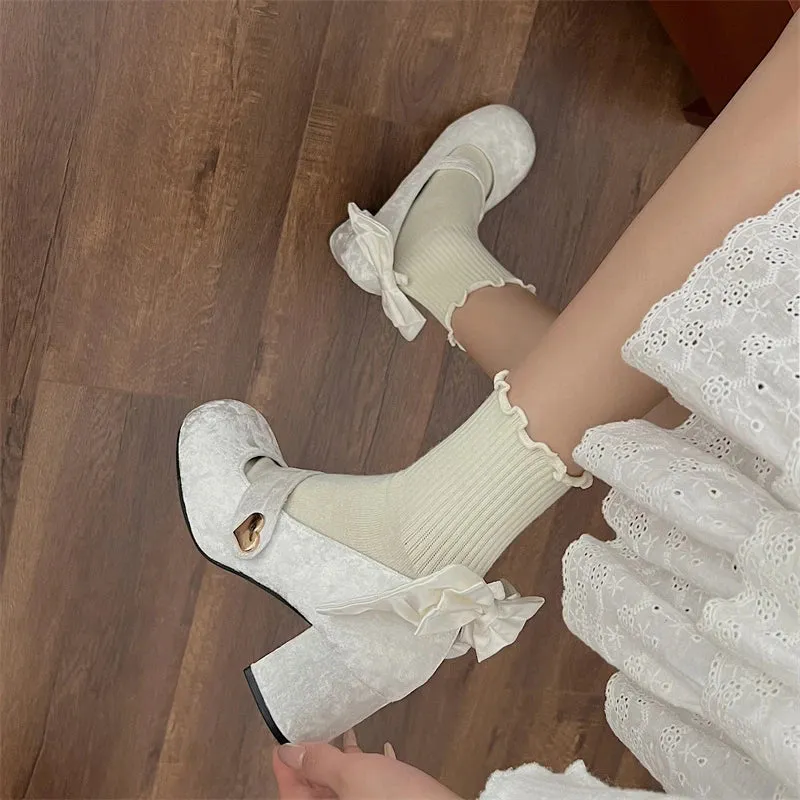 Sohiwoo Trendy Elegant Bowknot Girls Mary Jane Shoes Buckle Single Shoes College Style Footwear High Heel Pumps Thick Heel Shoes