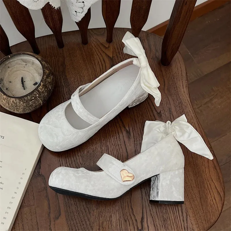 Sohiwoo Trendy Elegant Bowknot Girls Mary Jane Shoes Buckle Single Shoes College Style Footwear High Heel Pumps Thick Heel Shoes
