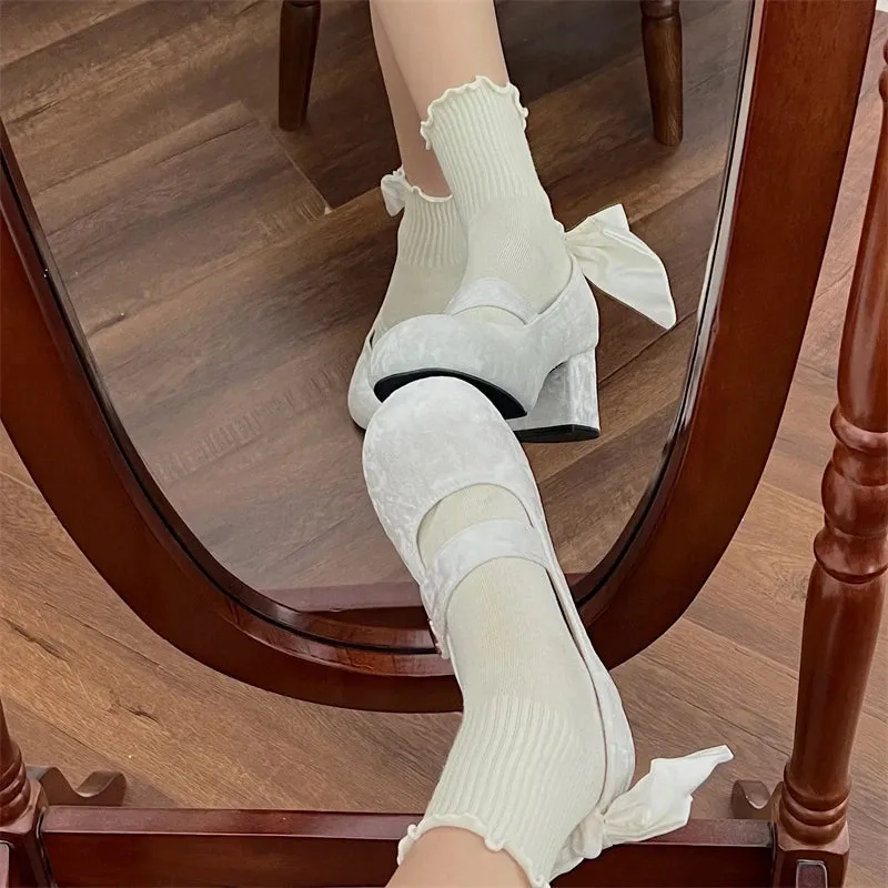Sohiwoo Trendy Elegant Bowknot Girls Mary Jane Shoes Buckle Single Shoes College Style Footwear High Heel Pumps Thick Heel Shoes