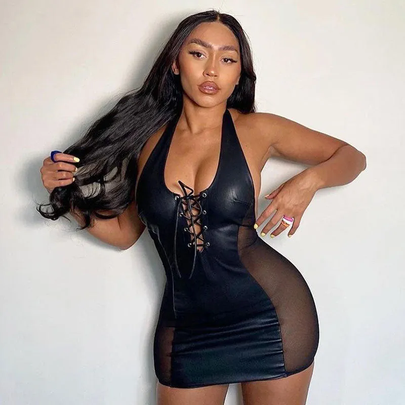 Sultry Mesh Panel Lace Up Club Mini Dress - Black