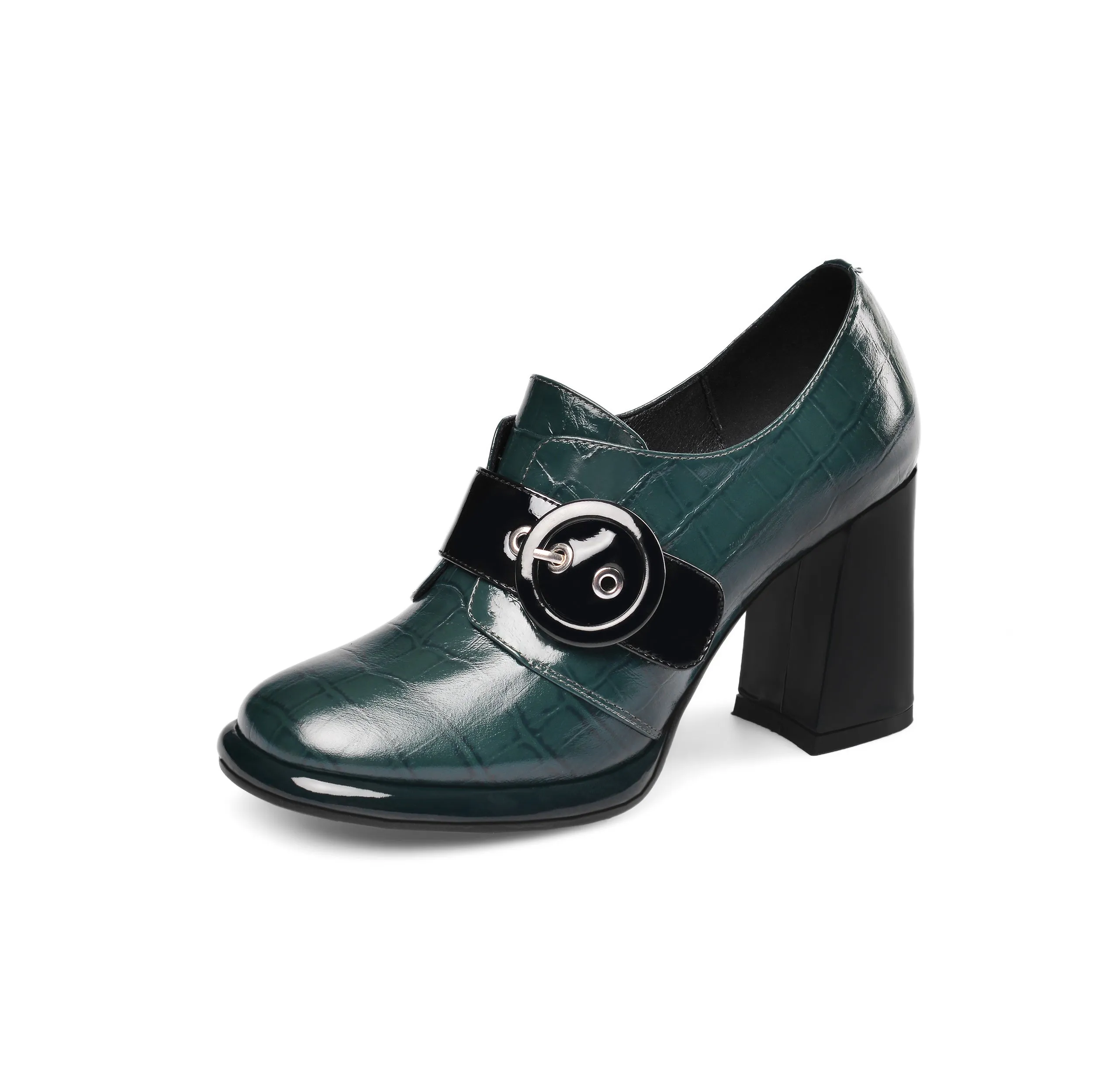 TinaCus Women's Handmade Genuine Leather Round Toe Buckled Trendy Platform High Chunky Heel Slip On Pumps