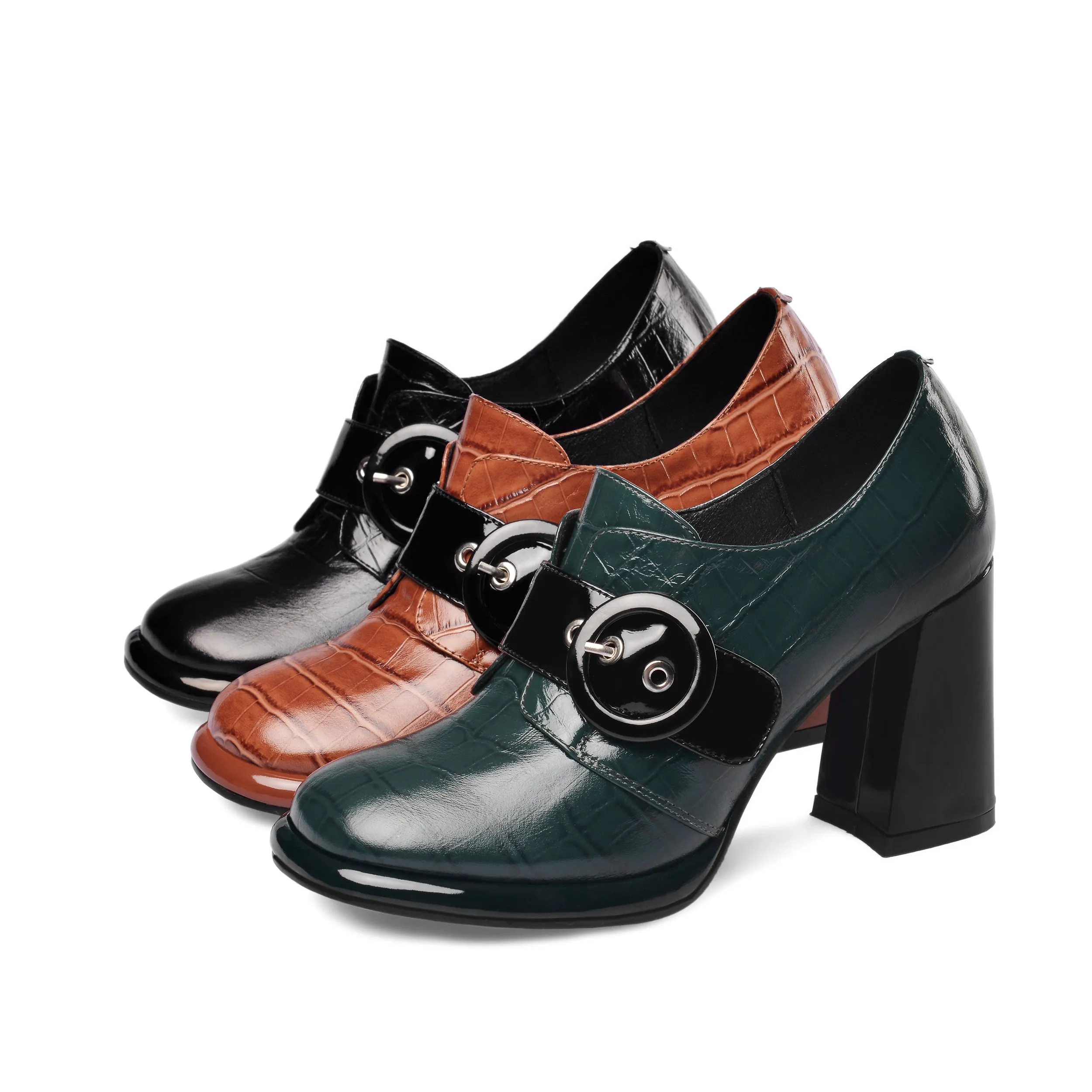 TinaCus Women's Handmade Genuine Leather Round Toe Buckled Trendy Platform High Chunky Heel Slip On Pumps