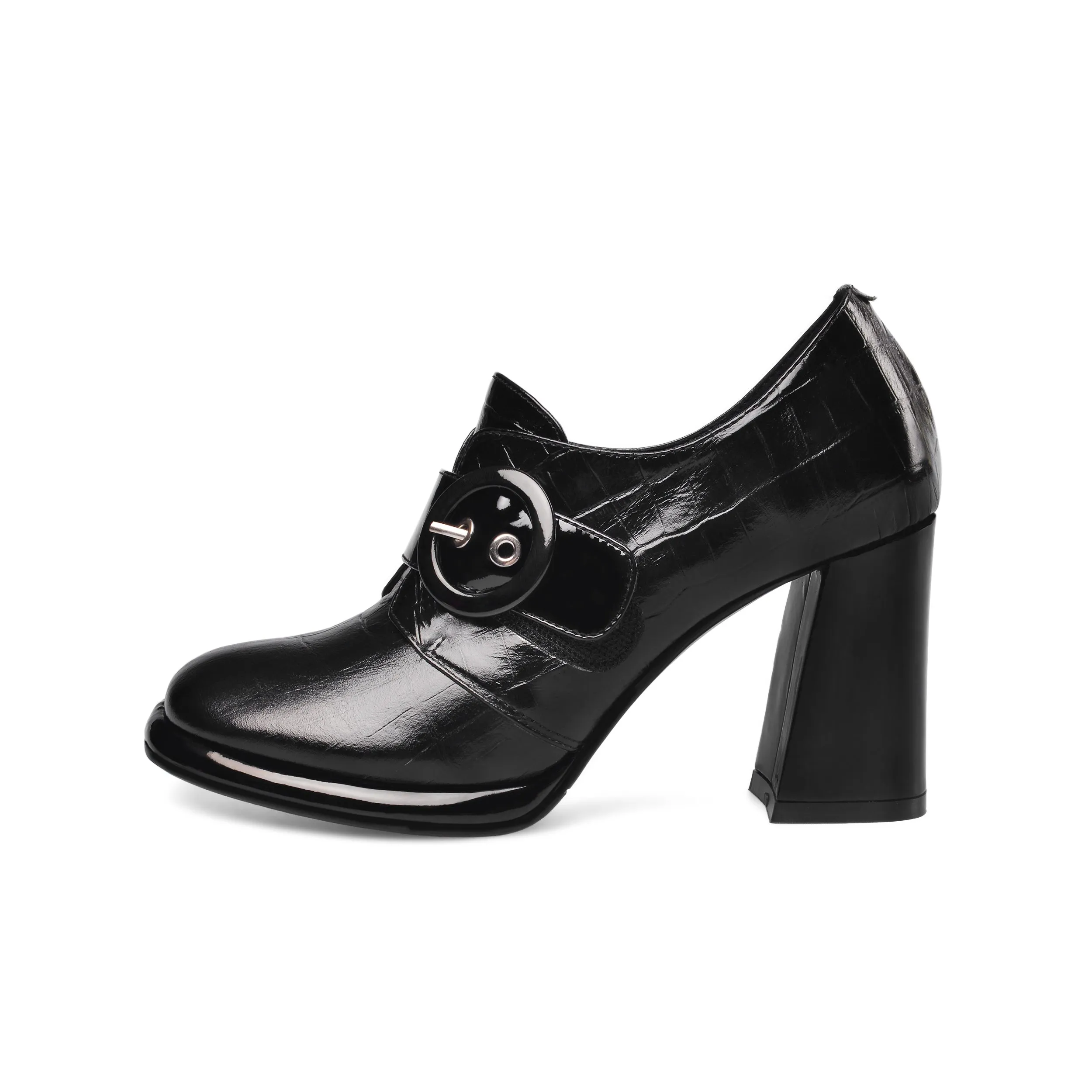 TinaCus Women's Handmade Genuine Leather Round Toe Buckled Trendy Platform High Chunky Heel Slip On Pumps