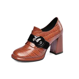 TinaCus Women's Handmade Genuine Leather Round Toe Buckled Trendy Platform High Chunky Heel Slip On Pumps