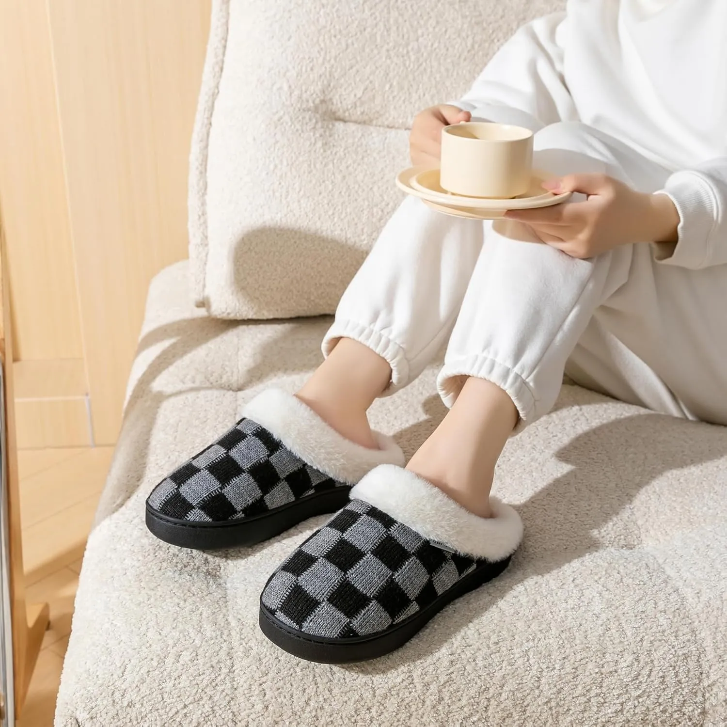 UBFEN Womens Slippers Classic Plaid Winter Warm with Memory Foam Fluffy House Shoes Platform Indoor Bedroom