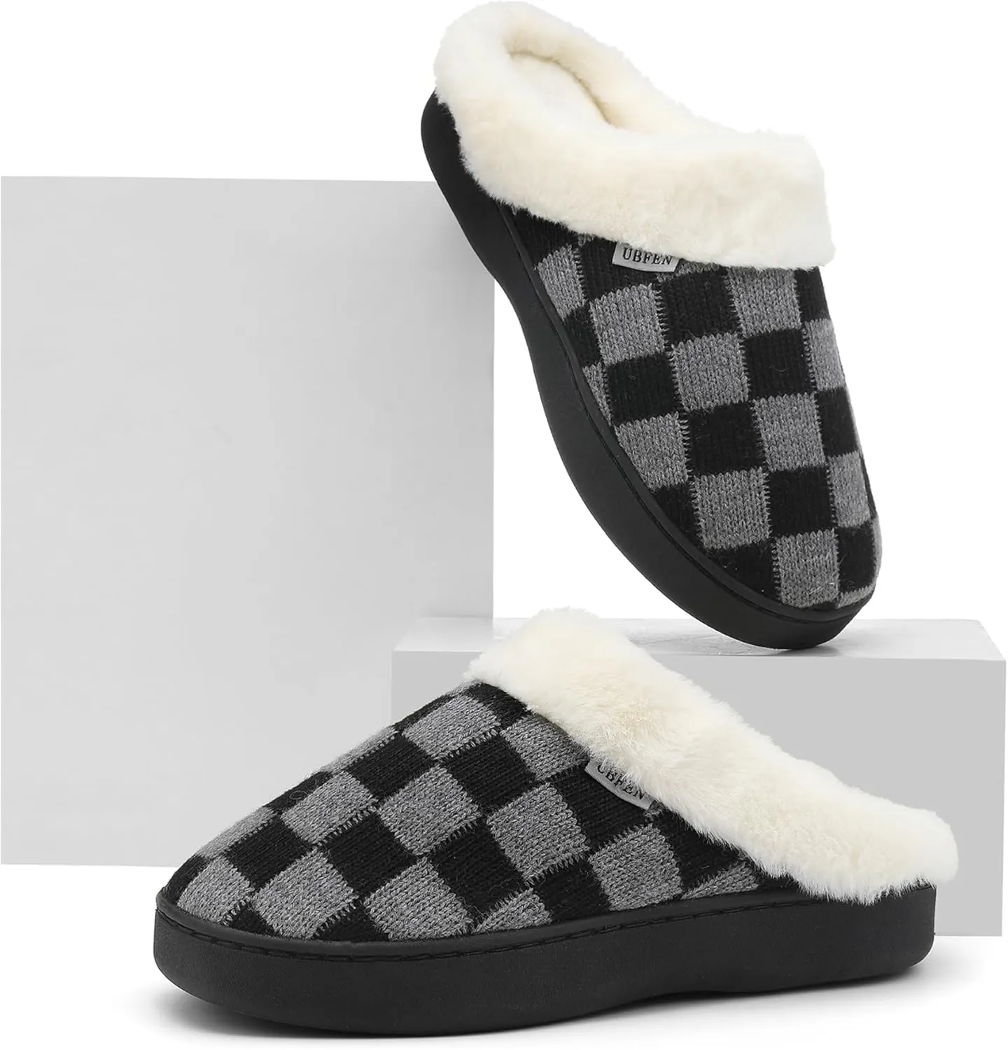 UBFEN Womens Slippers Classic Plaid Winter Warm with Memory Foam Fluffy House Shoes Platform Indoor Bedroom