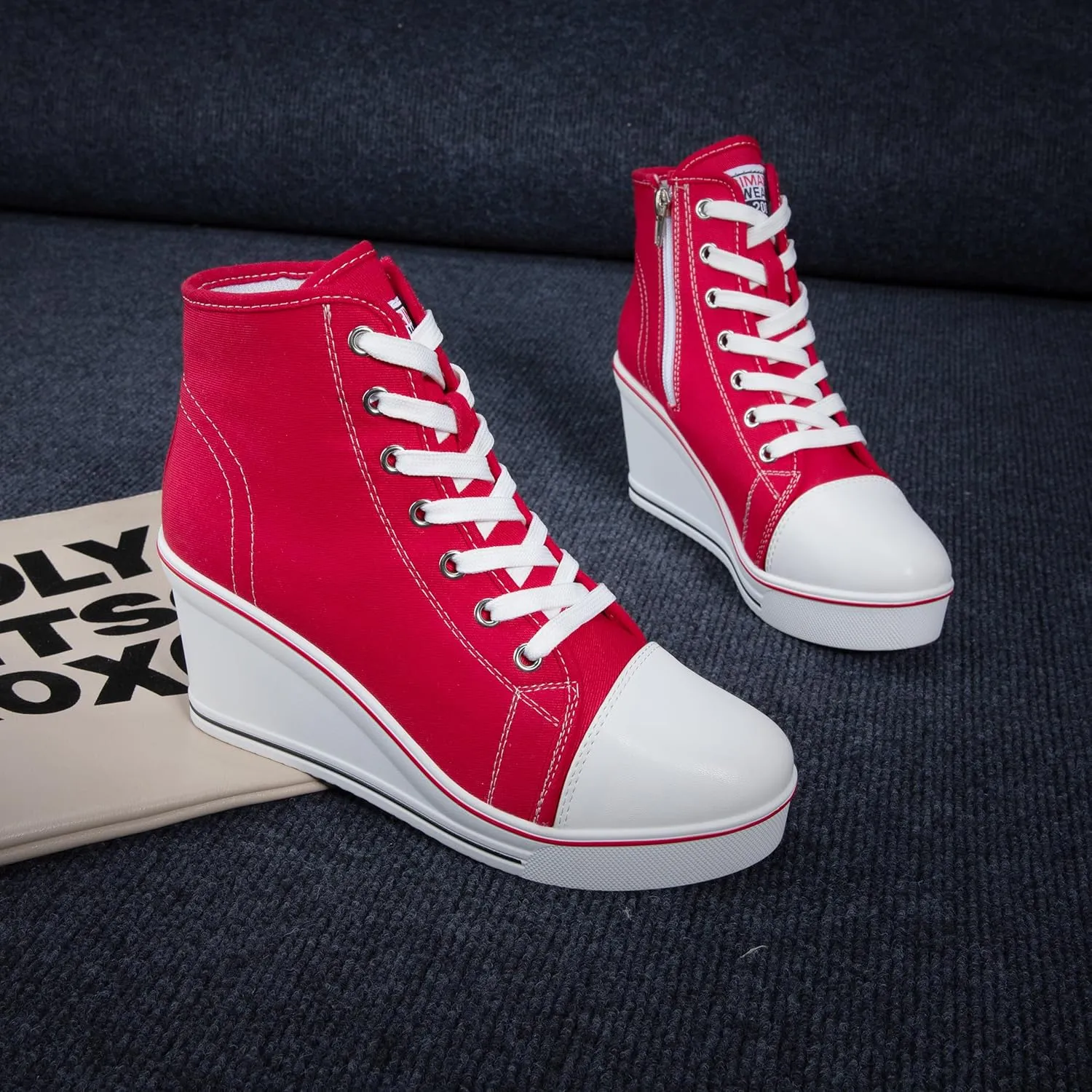 Wedge Sneakers for Women, High Heel Platform High Top Canvas Shoes Lace up Zipper Fashion Sneakers, Tenis Zapatos de Cua Plataforma Tacn para Mujer, Suitbale for Y2K & Harley Quinn Cosplay