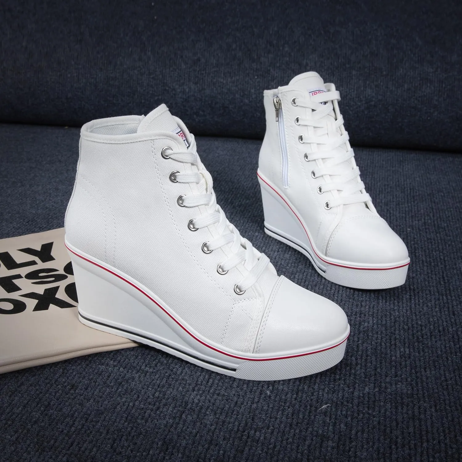 Wedge Sneakers for Women, High Heel Platform High Top Canvas Shoes Lace up Zipper Fashion Sneakers, Tenis Zapatos de Cua Plataforma Tacn para Mujer, Suitbale for Y2K & Harley Quinn Cosplay