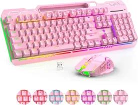 Wireless Gaming Keyboard and Mouse Combo, RGB Backlit Rechargeable 2000 mAh Battery, Mechanical Feel Anti-ghosting Keyboard   6D 4800DPI Mice for PC Gamer(Pink)