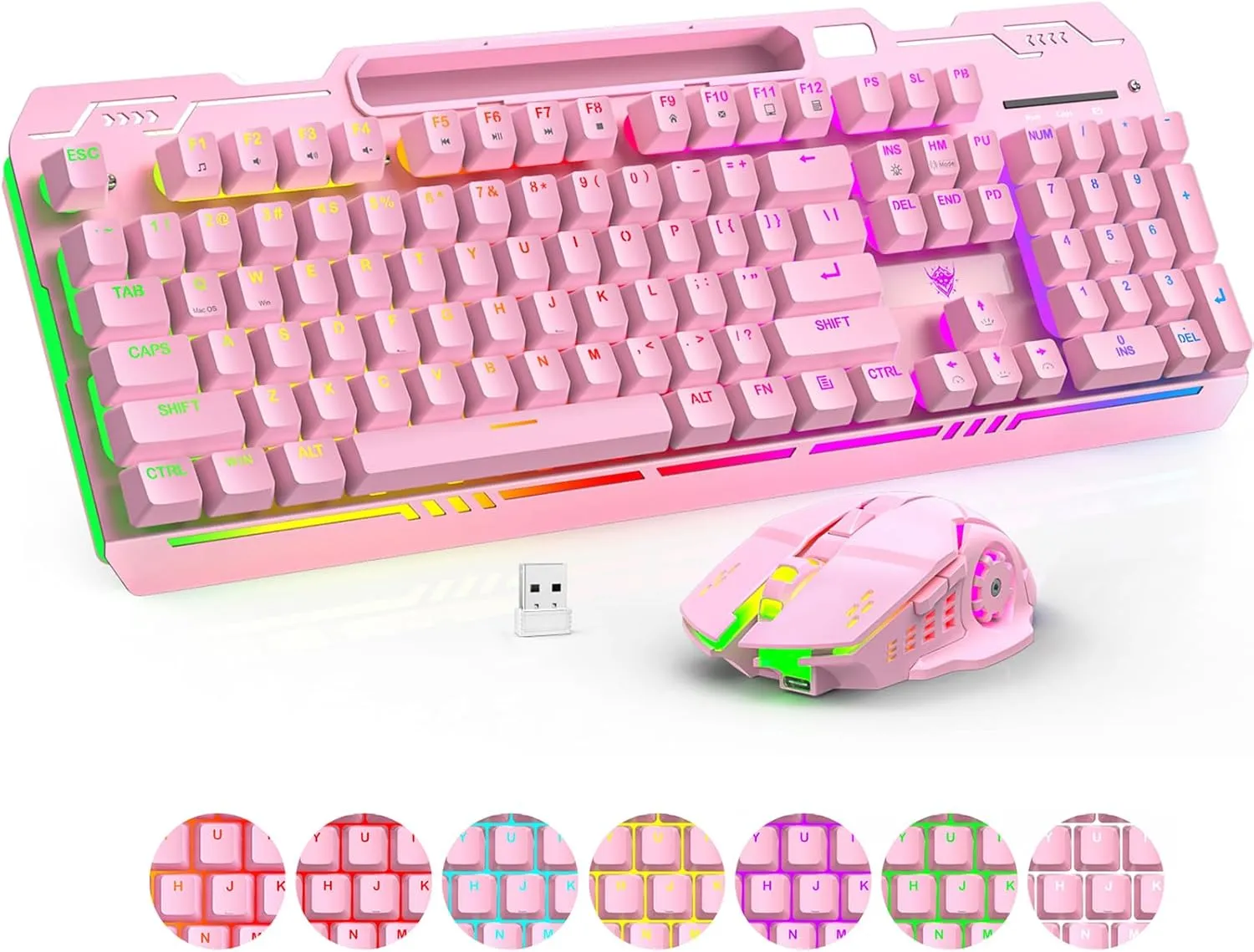 Wireless Gaming Keyboard and Mouse Combo, RGB Backlit Rechargeable 2000 mAh Battery, Mechanical Feel Anti-ghosting Keyboard   6D 4800DPI Mice for PC Gamer(Pink)