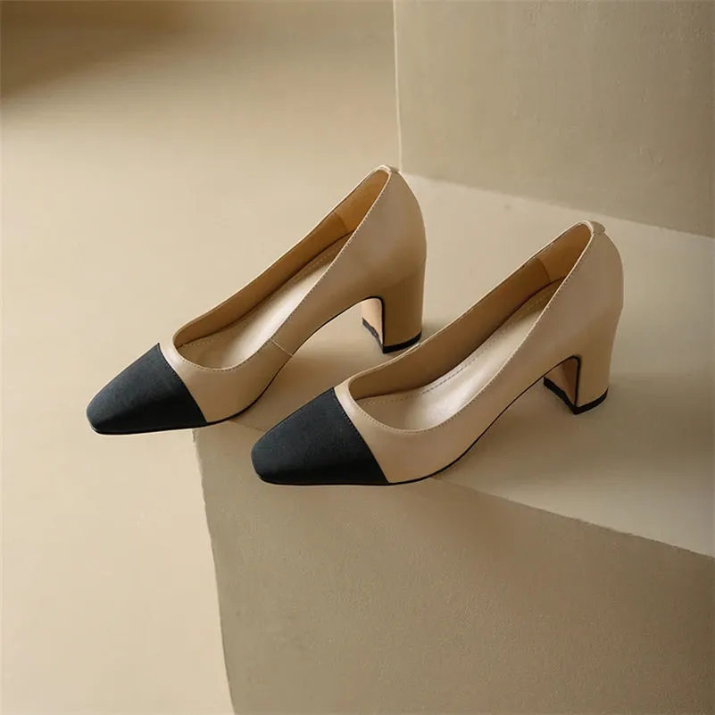 Women's Genuine Leather Thick Heels Duo Tone Pumps
