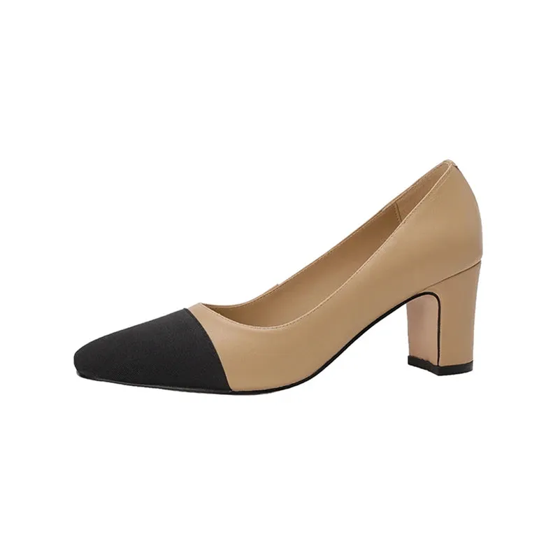 Women's Genuine Leather Thick Heels Duo Tone Pumps