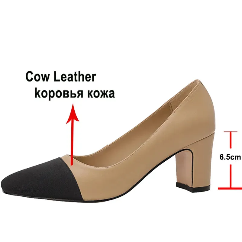 Women's Genuine Leather Thick Heels Duo Tone Pumps